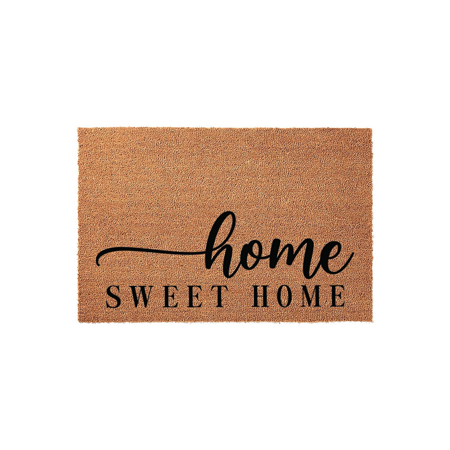 Home Sweet Home coir doormat featuring a natural brown fiber texture with elegant black script and serif lettering, providing a welcoming and rustic touch to your front porch entryway decor for a cozy housewarming atmosphere.