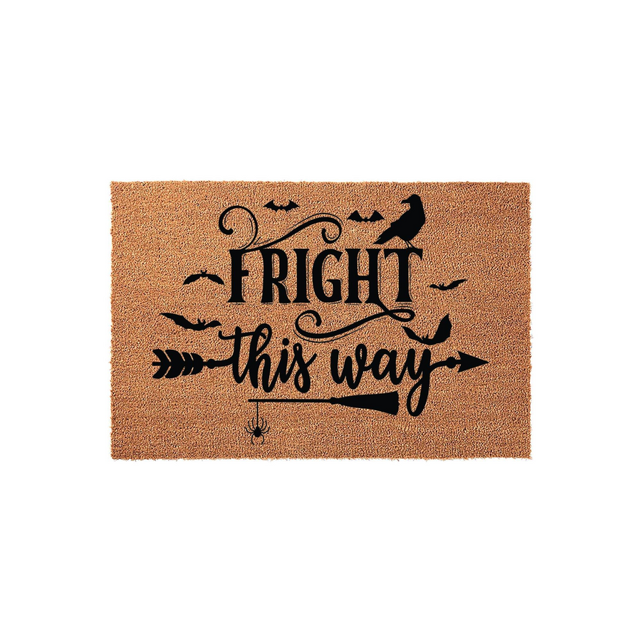 Fright This Way Halloween Doormat featuring a natural coir texture with black printed text, a silhouette of a crow, flying bats, a spider, and a witch's broomstick, creating a festive spooky entryway decor piece for the fall