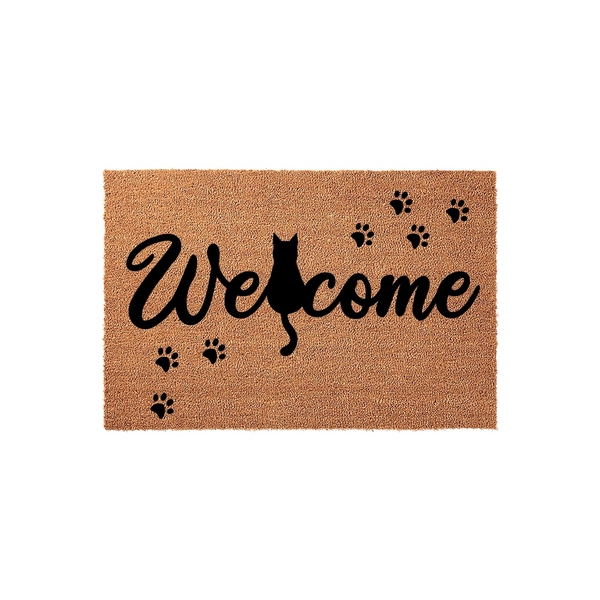 Cat Welcome Doormat featuring a natural coir texture with a black silhouette of a cat replacing the letter c in the word welcome, surrounded by playful paw prints on a rectangular mat for a charming entryway decor accent.