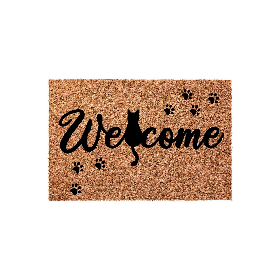 Cat Welcome Doormat featuring a natural coir texture with a black silhouette of a cat replacing the letter c in the word welcome, surrounded by playful paw prints on a rectangular mat for a charming entryway decor accent.