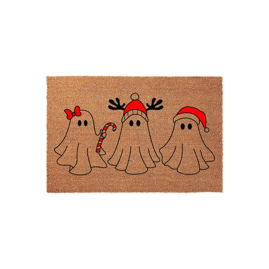 Christmas Ghost Family Doormat featuring three cute ghosts wearing festive holiday accessories like a red bow, reindeer antlers, and a Santa hat on a natural coir background, creating a fun and spooky seasonal welcome for your