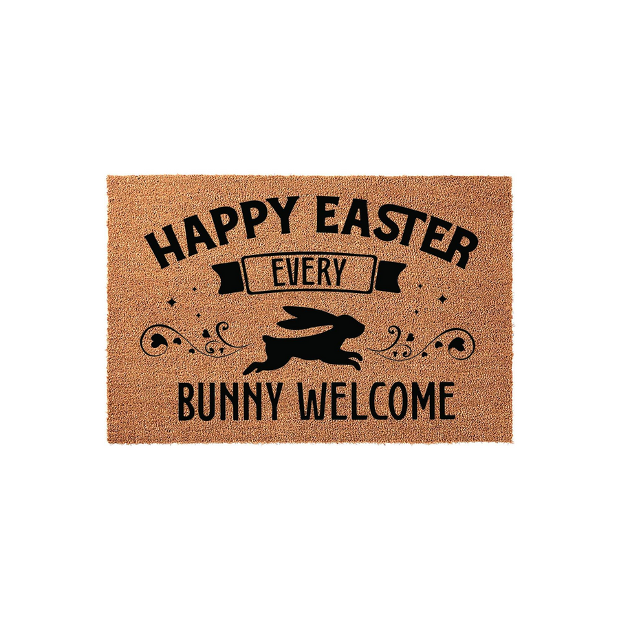 Happy Easter Bunny Welcome Doormat featuring a natural coir texture with black printed text and a central rabbit silhouette, creating a festive spring entryway decor piece that greets guests with seasonal charm and whimsical