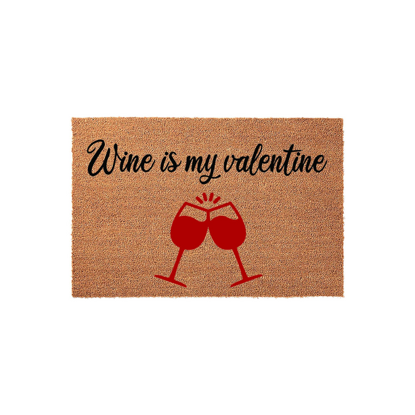 Wine is my valentine coir doormat featuring a natural brown fiber texture with black cursive text and a graphic of two red wine glasses clinking together, making a festive front porch decor piece for the holiday season.