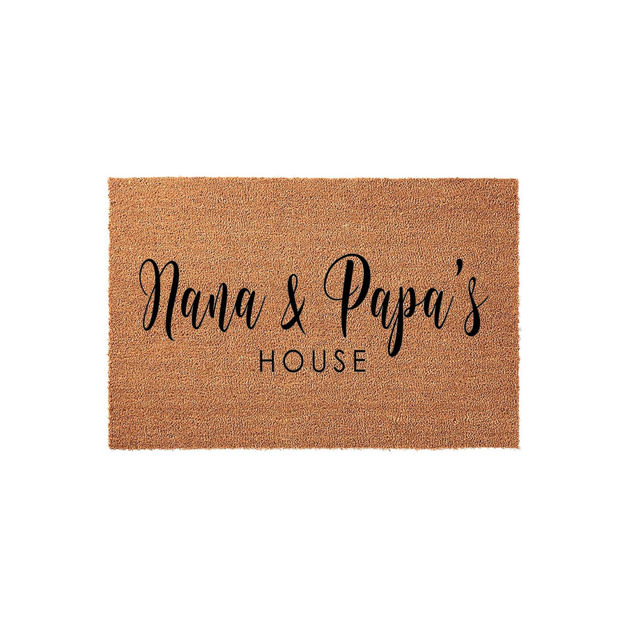 Nana and Papa's House coir doormat featuring a natural tan fiber texture with bold black lettering, displaying a stylish script and clean sans-serif font on a plain white background for a welcoming front porch entrance decor.