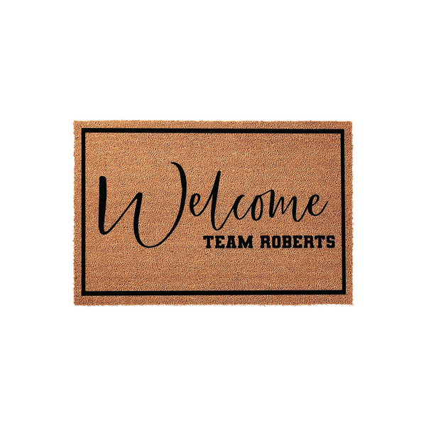 Personalized family name coir doormat featuring a black border and the word Welcome in elegant script, with space below to customize with your own family name for a welcoming front porch entrance that adds a touch of charm to