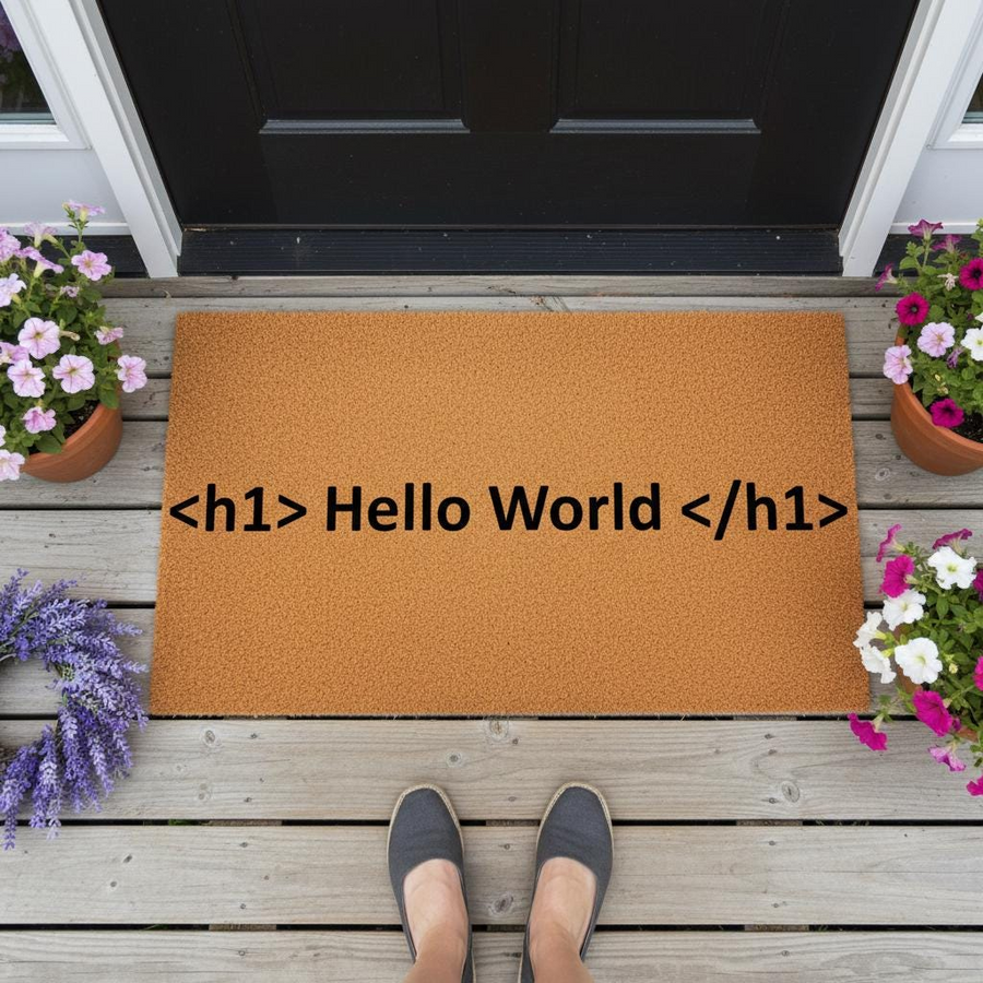 Hello World coir doormat featuring black text on a natural fiber mat, placed on a wooden porch with potted flowers and a person wearing gray shoes standing in front of the entrance to a home for a welcoming and geeky decor style.