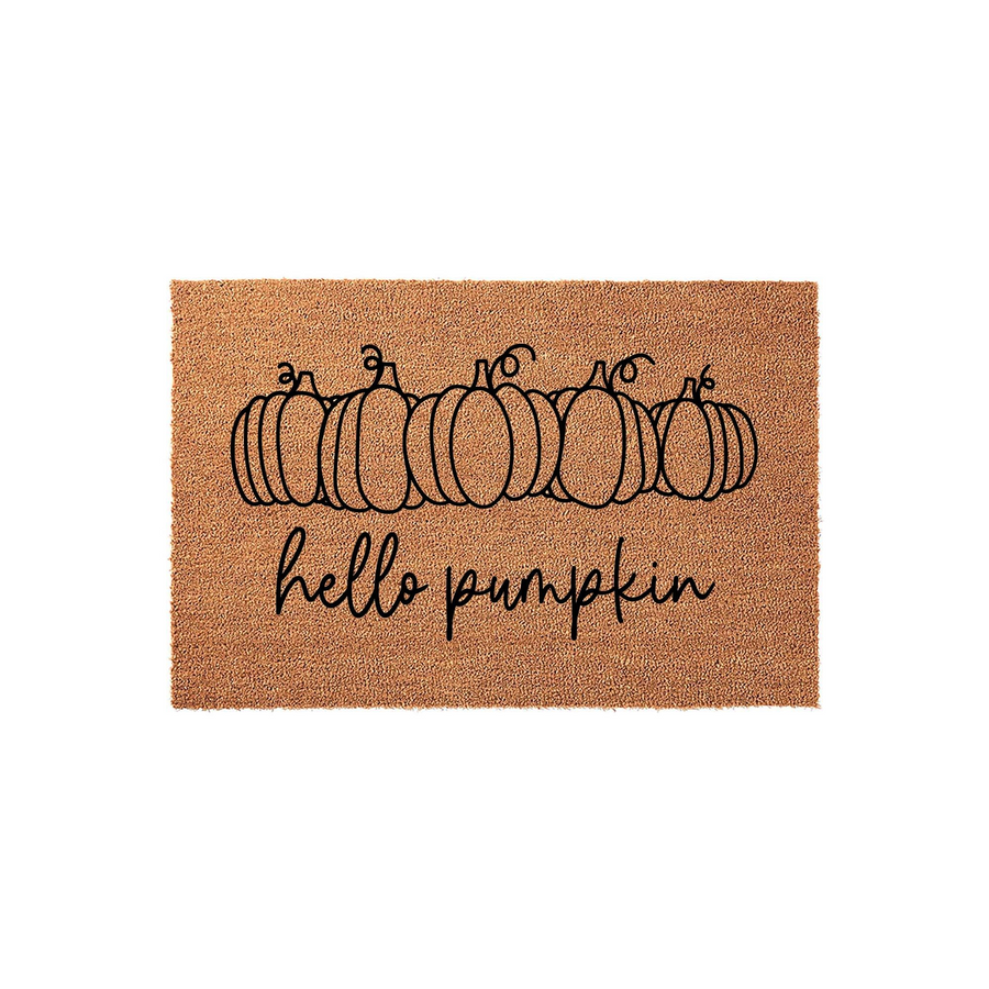 Hello Pumpkin coir doormat featuring a row of five black line-art pumpkins centered above the cursive text, set against a natural brown fiber background to create a festive fall entryway decor piece for your front porch.