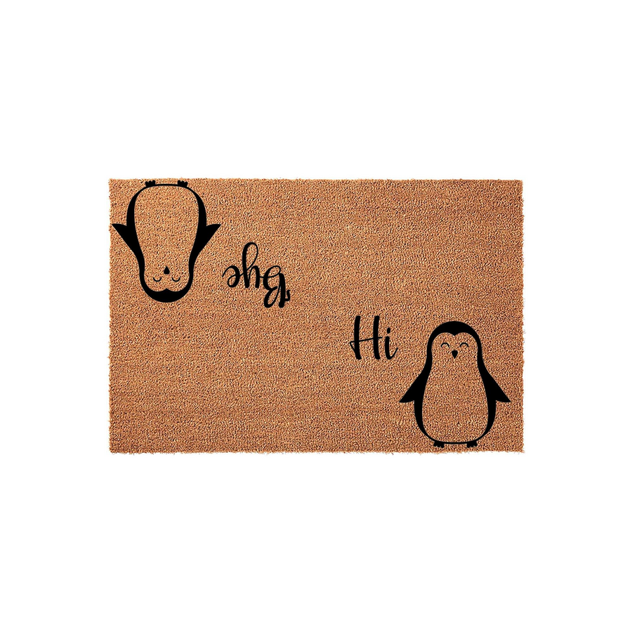 Penguin Welcome Doormat featuring a natural coir texture with two cute black penguin illustrations, one saying Hi and the other saying Bye, creating a fun and functional entryway decor piece for any home front porch or apartment