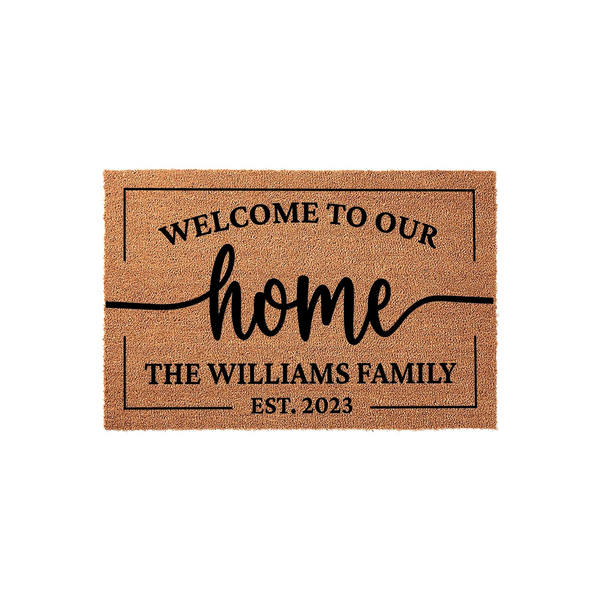 Personalized family name coir doormat featuring a rustic welcome to our home design with a custom last name and established year, displayed on a clean white background for a classic farmhouse entryway decor look.