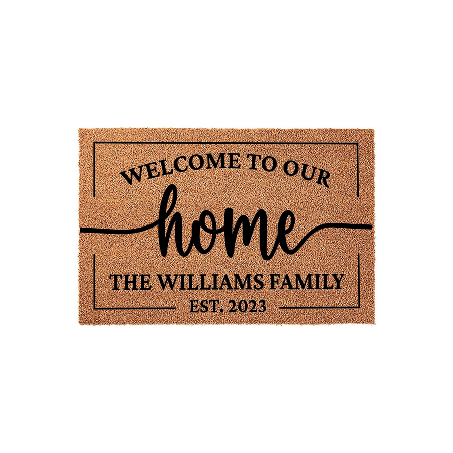 Personalized family name coir doormat featuring a rustic welcome to our home design with a custom last name and established year, displayed on a clean white background for a classic farmhouse entryway decor look.