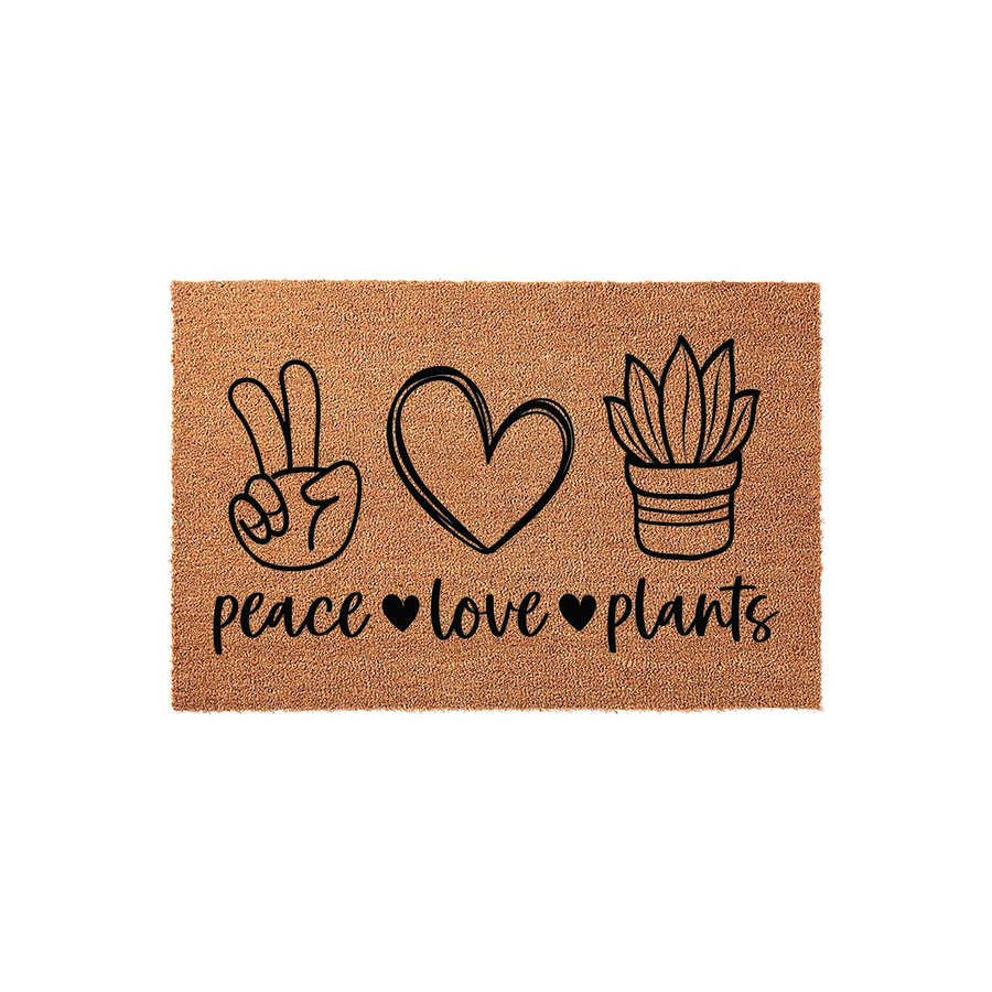 Peace Love Plants Coir Doormat featuring a natural tan fiber texture with black printed icons of a peace sign, a heart, and a potted succulent, finished with the text peace love plants written in a stylish script font on a white