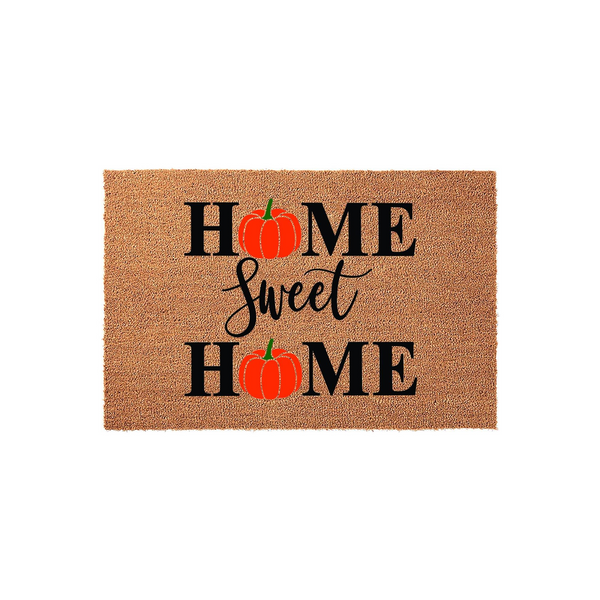 Home Sweet Home fall pumpkin coir doormat featuring a natural tan fiber texture with black lettering and bright orange pumpkin illustrations replacing the letter O in each word, creating a festive autumn entryway decor piece for