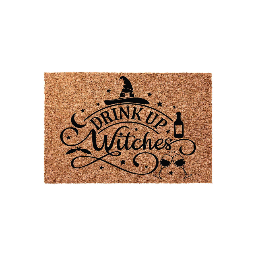 Drink Up Witches Halloween doormat made of natural coir fiber, featuring a black printed design of a witch hat, wine glasses, and stars on a textured brown background for a festive seasonal entryway decoration for your front