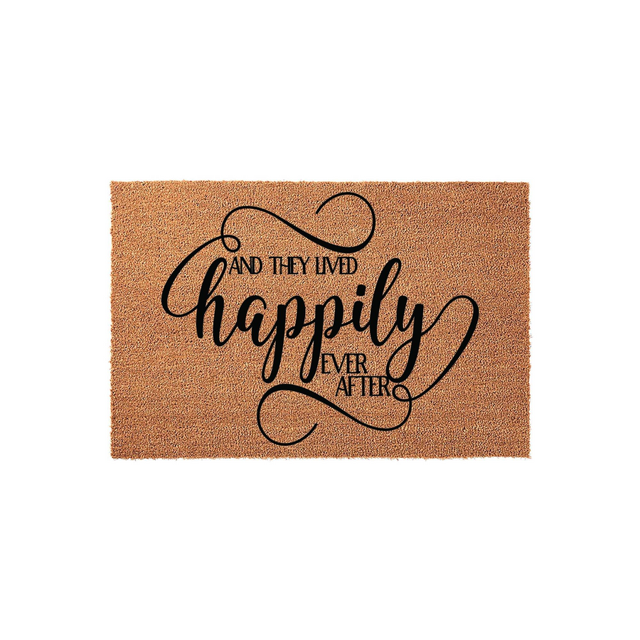 Happily Ever After coir doormat featuring elegant black script lettering on a natural brown fiber background, creating a charming entrance piece for a newlywed couple or a romantic home decor addition for any front porch entryway.