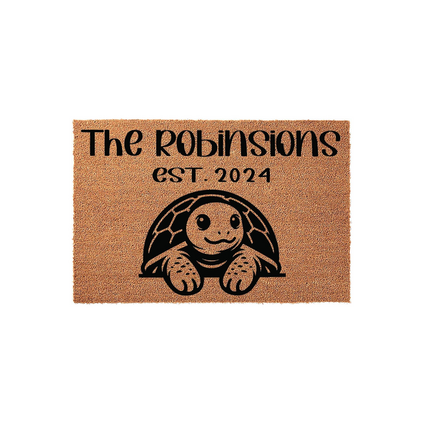 Personalized Turtle Coir Doormat featuring a cute illustrated turtle graphic, custom family name text, and an established year on a natural brown fiber background, making it a charming addition to any front porch or entryway