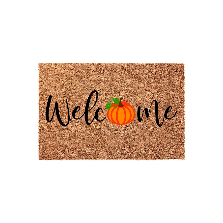 Fall Pumpkin Welcome Doormat featuring a natural coir fiber texture with the word Welcome printed in black script, where the letter o is replaced by a vibrant orange pumpkin illustration for a festive autumn front porch decor