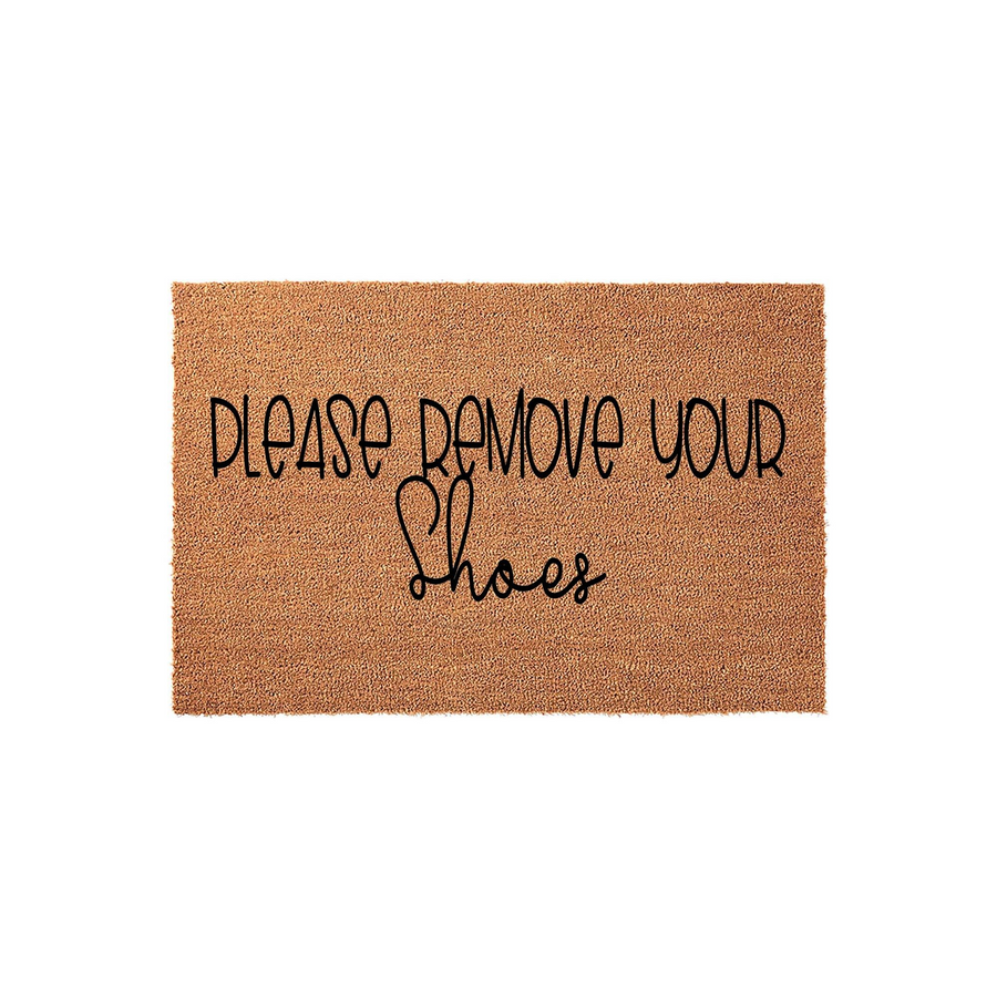Please Remove Your Shoes coir doormat featuring a natural tan fiber texture and bold black lettering, providing a functional and stylish way to keep your entryway clean while welcoming guests to your home with a polite, clear