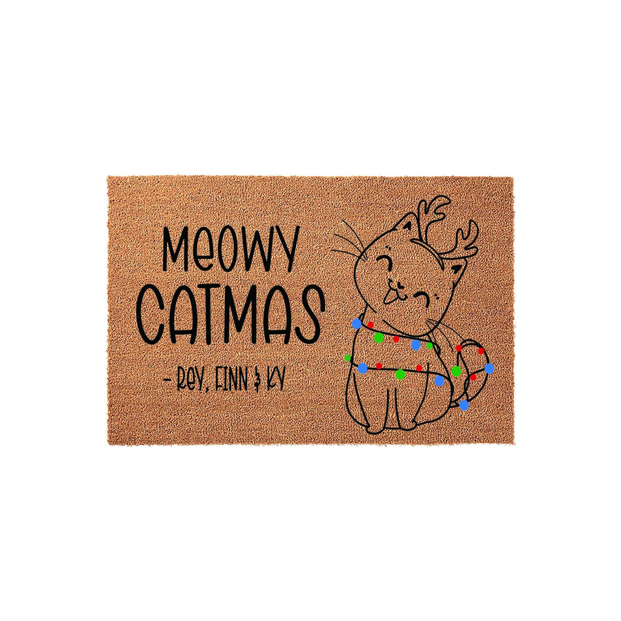 Personalized Meowy Catmas Christmas doormat featuring a cute line-art cat wearing reindeer antlers and wrapped in colorful holiday lights, set against a natural coir fiber background for a festive seasonal entryway decoration.