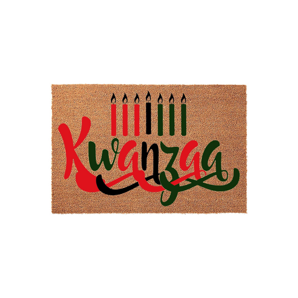 Kwanzaa coir doormat featuring a festive design with seven lit candles in traditional red, black, and green colors, centered above the word Kwanzaa written in a bold, decorative script on a natural tan fiber background.