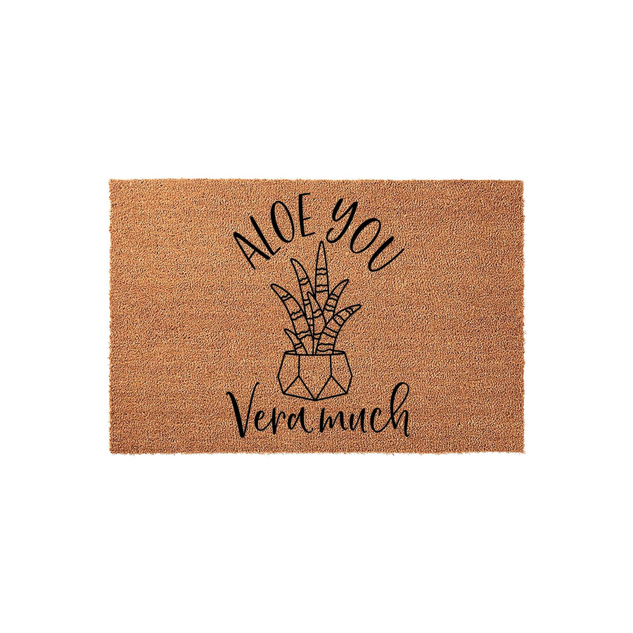 Aloe You Vera Much Coir Doormat featuring a natural brown fiber texture with a black printed graphic of a potted succulent plant, creating a fun and welcoming entryway decor piece for any plant lover's home on a clean white