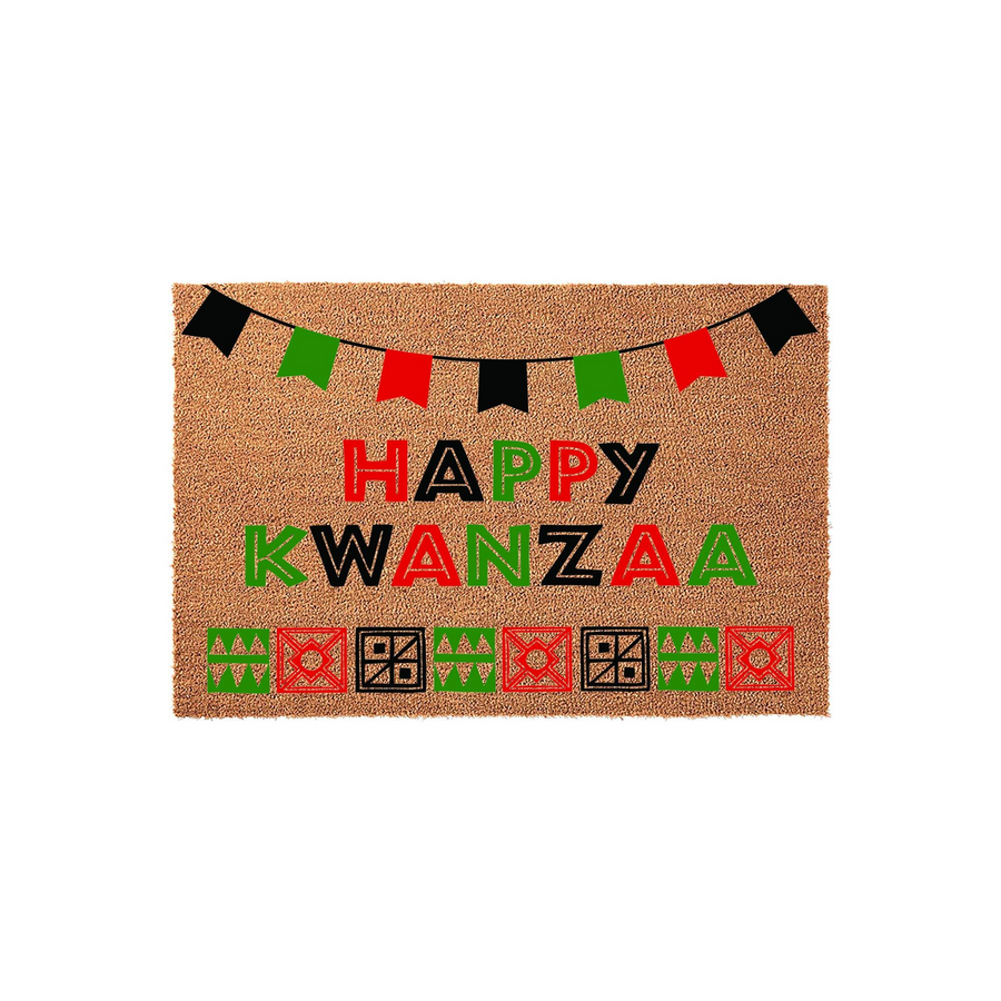 Happy Kwanzaa coir doormat featuring festive bunting flags and traditional geometric patterns in red, black, and green colors, providing a welcoming holiday entrance decor piece for your front porch during the winter season.