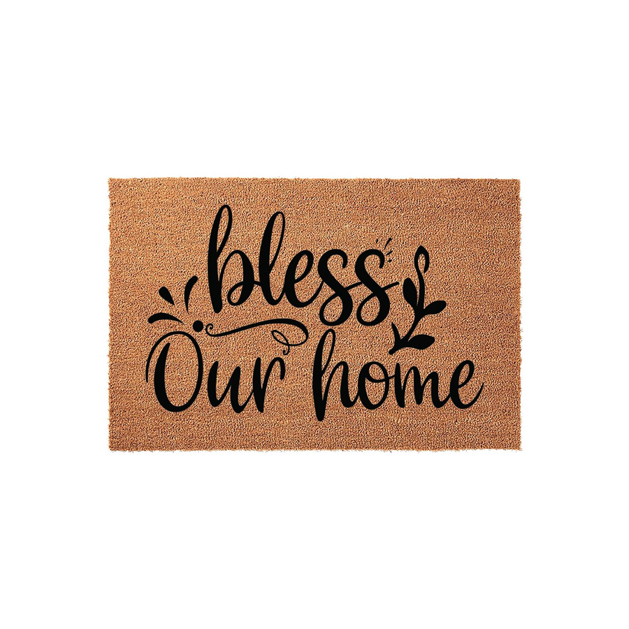 Bless Our Home coir doormat featuring a natural brown fiber texture and elegant black script lettering, providing a welcoming and rustic farmhouse aesthetic for your front porch entryway decor on a clean white background.