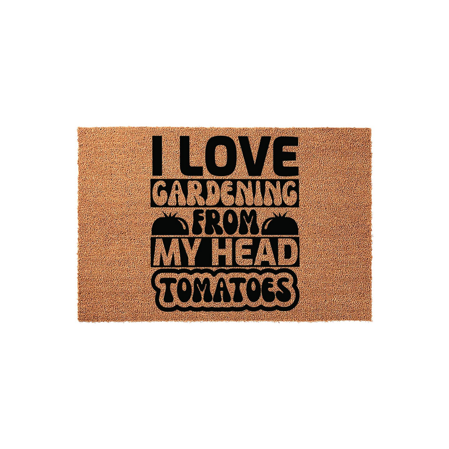 Gardening Doormat with funny I Love Gardening From My Head Tomatoes text, featuring a natural coir fiber texture and bold black lettering that makes a humorous addition to any front porch or garden entryway for plant lovers.