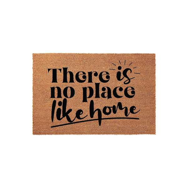 There is no place like home coir doormat featuring a natural brown fiber texture and bold black typography, creating a welcoming entrance decor piece for your front porch that adds a touch of warmth to any modern farmhouse