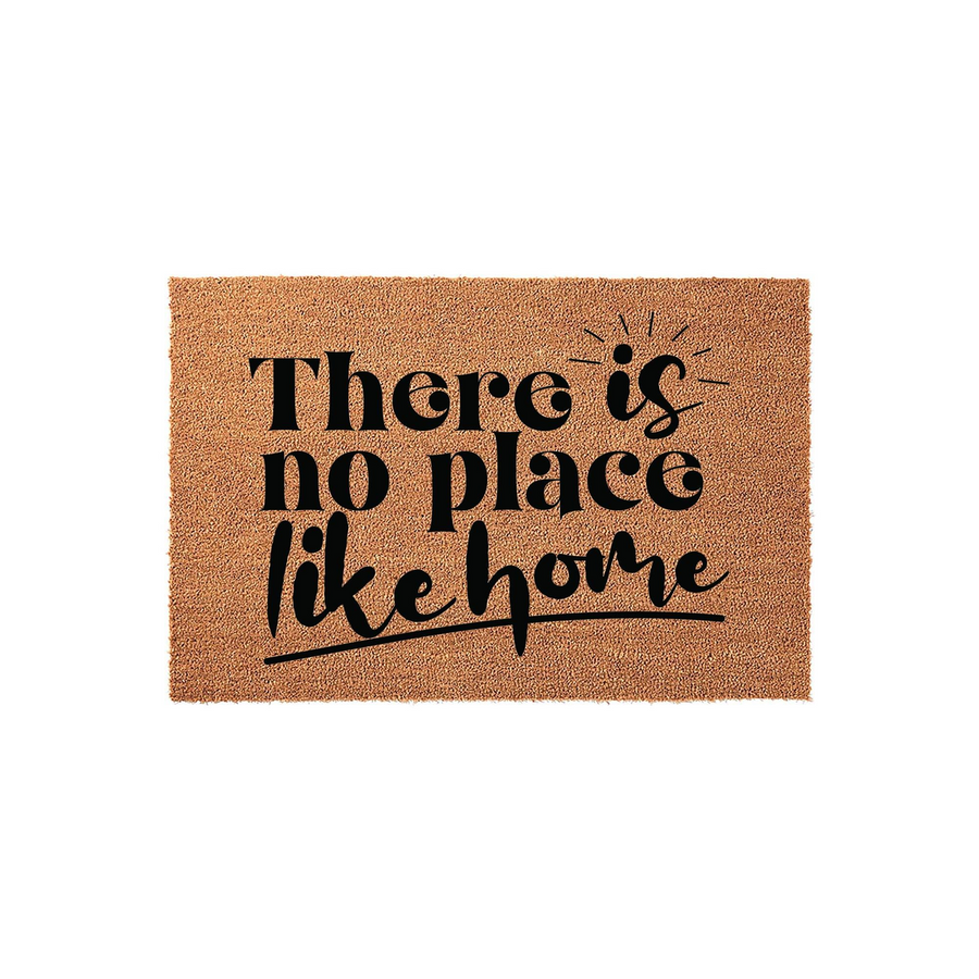 There is no place like home coir doormat featuring a natural brown fiber texture and bold black typography, creating a welcoming entrance decor piece for your front porch that adds a touch of warmth to any modern farmhouse