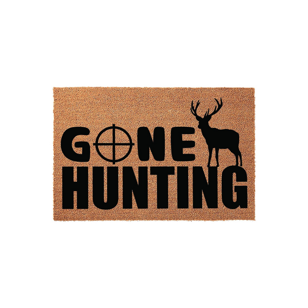 Gone Hunting coir doormat featuring a black silhouette of a buck deer and a crosshair graphic over the letter O, providing a rustic outdoor aesthetic for a cabin or home entrance that welcomes guests with a fun, nature-inspired