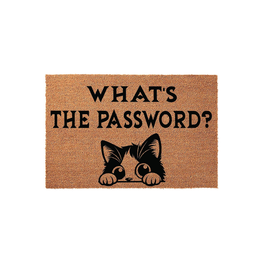 Funny Cat Welcome Doormat featuring a cute black and white kitten peeking over the edge with the text What's The Password printed in bold black letters on a natural tan coir fiber background for a whimsical entryway decor