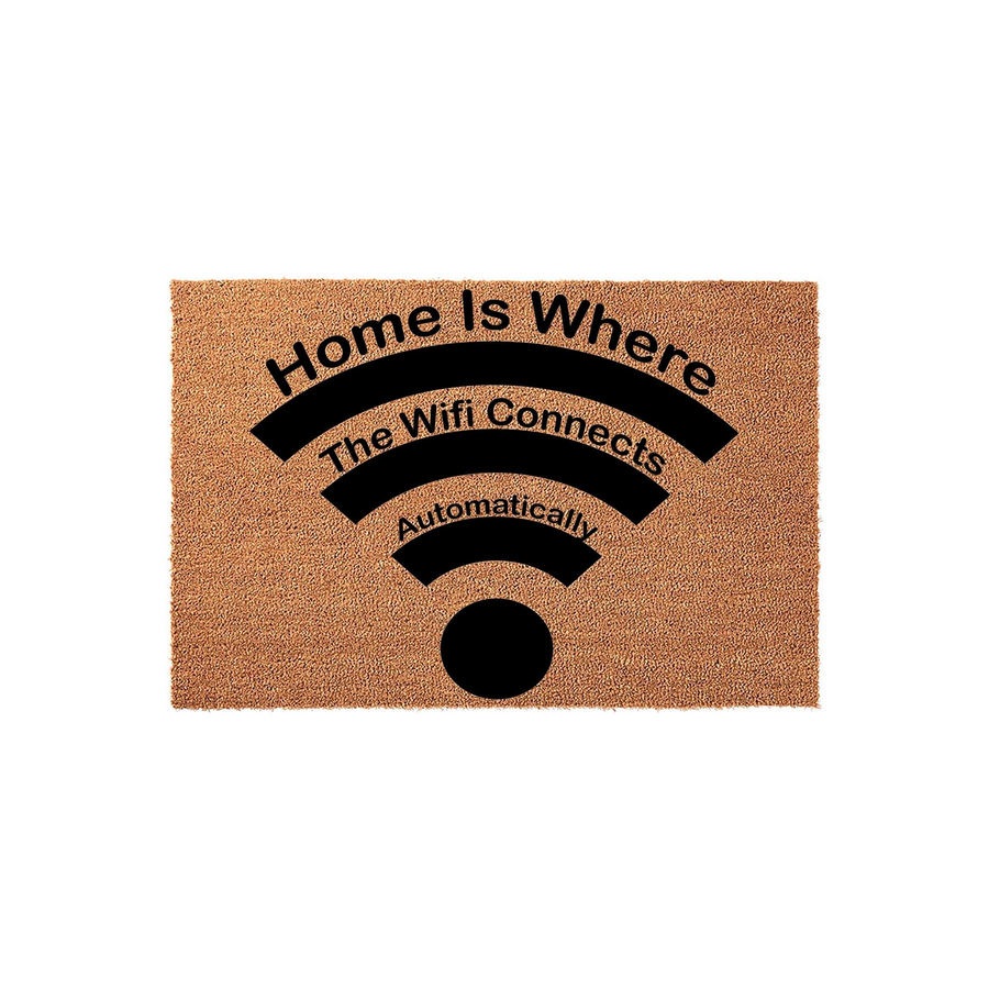 Home Is Where The Wifi Connects Automatically doormat featuring a natural coir fiber texture and a bold black graphic of a wireless internet signal icon printed in the center of this rectangular front porch welcome mat for tech