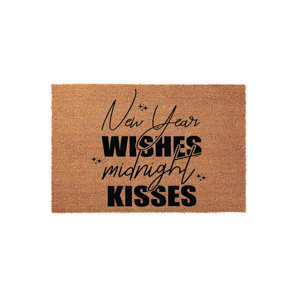 New Year Wishes Midnight Kisses coir doormat featuring a natural tan fiber texture with bold black typography and small star accents, creating a festive holiday entryway decor piece for your home during the winter celebration