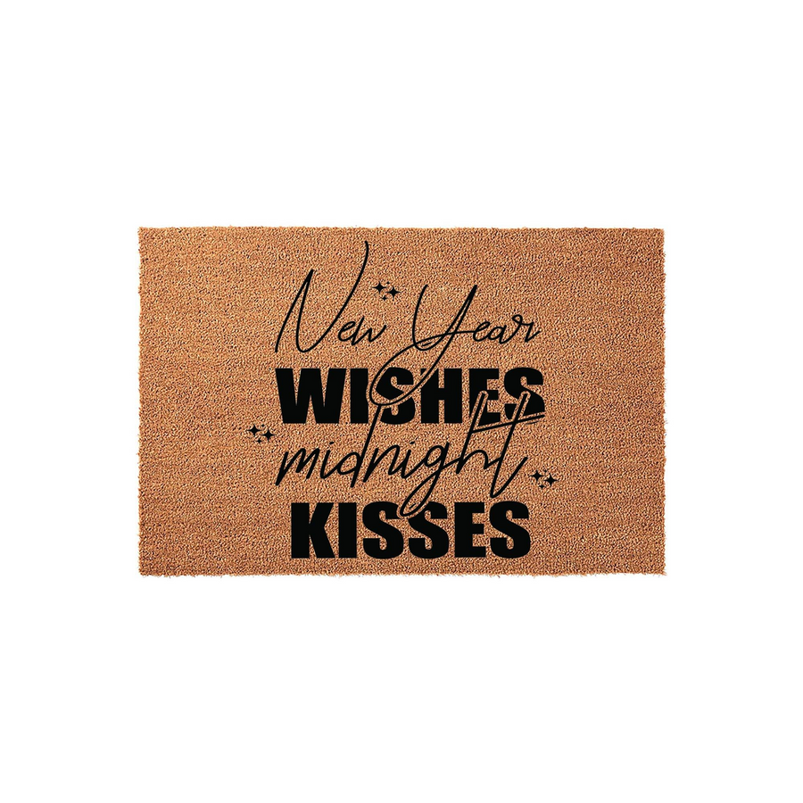 New Year Wishes Midnight Kisses coir doormat featuring a natural tan fiber texture with bold black typography and small star accents, creating a festive holiday entryway decor piece for your home during the winter celebration