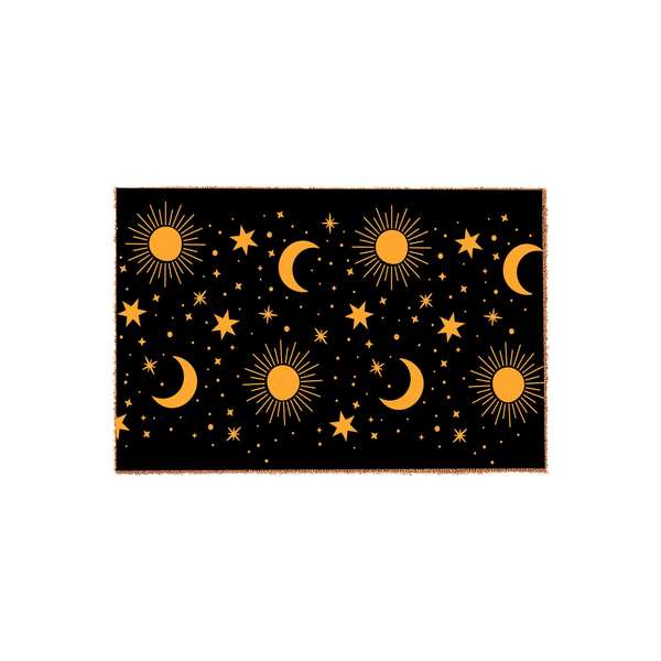 Celestial Sun and Moon Doormat featuring a black background with a repeating pattern of golden yellow suns, crescent moons, and twinkling stars, creating a mystical and modern entryway decor piece for your home porch or front