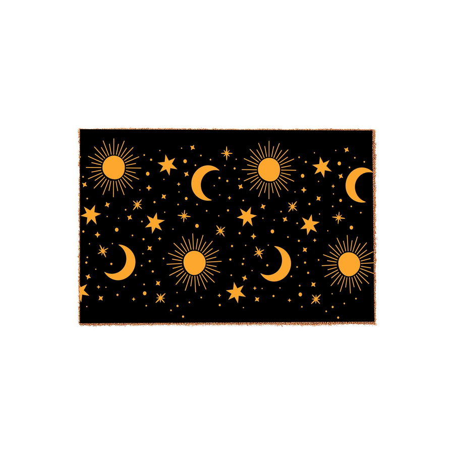 Celestial Sun and Moon Doormat featuring a black background with a repeating pattern of golden yellow suns, crescent moons, and twinkling stars, creating a mystical and modern entryway decor piece for your home porch or front