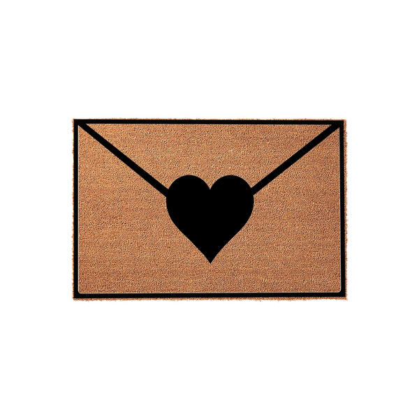 Love Letter Envelope Coir Doormat featuring a natural tan fiber texture with a bold black graphic of an envelope sealed with a heart, creating a charming and welcoming entryway accent for your home porch or front door decor.
