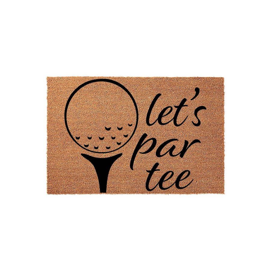 Golf Themed Let's Par Tee Doormat featuring a natural coir texture with a black printed graphic of a golf ball on a tee, making it a fun and welcoming outdoor entrance rug for any golf lover's home or front porch entryway.