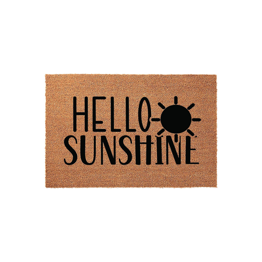 Hello Sunshine coir doormat featuring a cheerful sun icon and bold black typography on a natural brown textured fiber background, creating a welcoming entrance decor piece for your front porch or home entryway.