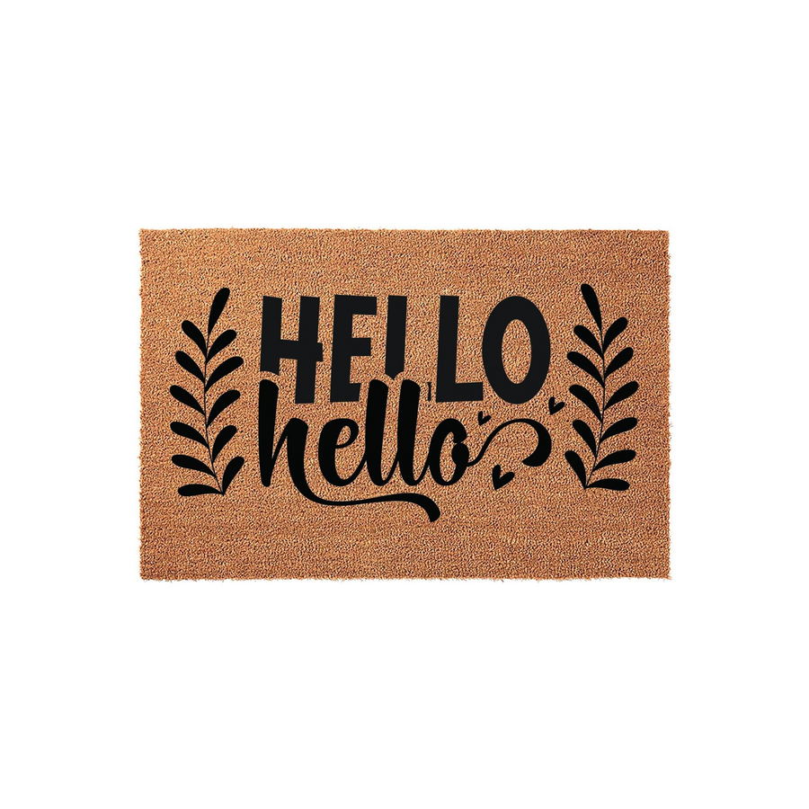 Hello Hello Coir Doormat featuring a natural tan fiber texture with bold black text and decorative leaf accents on both sides, creating a welcoming entryway floor mat for your home that is both functional and stylish for any