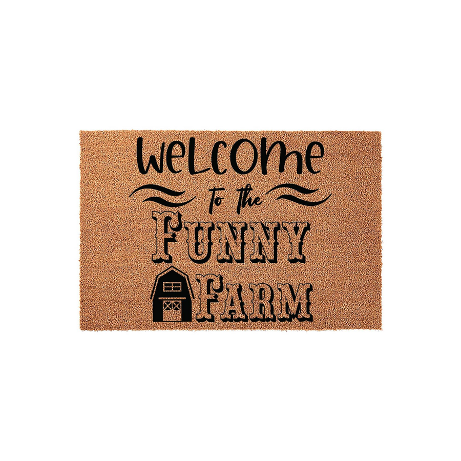 Funny Farm Welcome Doormat featuring a natural coir texture with black printed text that reads Welcome to the Funny Farm, complete with a small barn icon to add a rustic farmhouse touch to your front porch entryway decor.