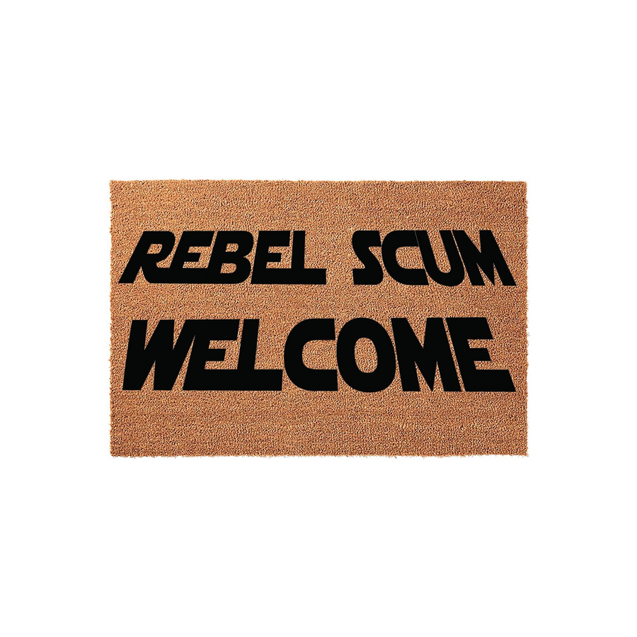 Rebel Scum Welcome doormat made of natural coir fiber, featuring bold black text in a sci-fi inspired font that adds a fun, geeky touch to any front porch entrance for fans of space-themed movies and galactic adventures.