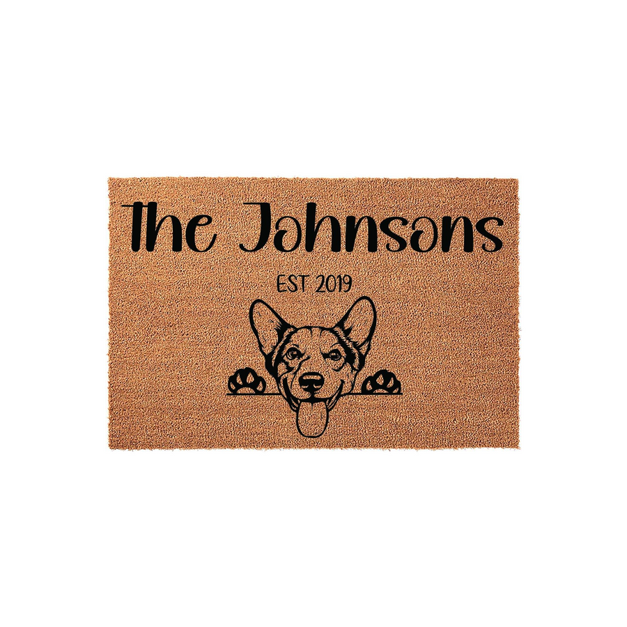 Personalized Corgi Welcome Doormat featuring a cute dog peeking over the edge, customized with a family name and established year on a natural coir fiber mat that adds a charming touch to any front porch entryway decor.