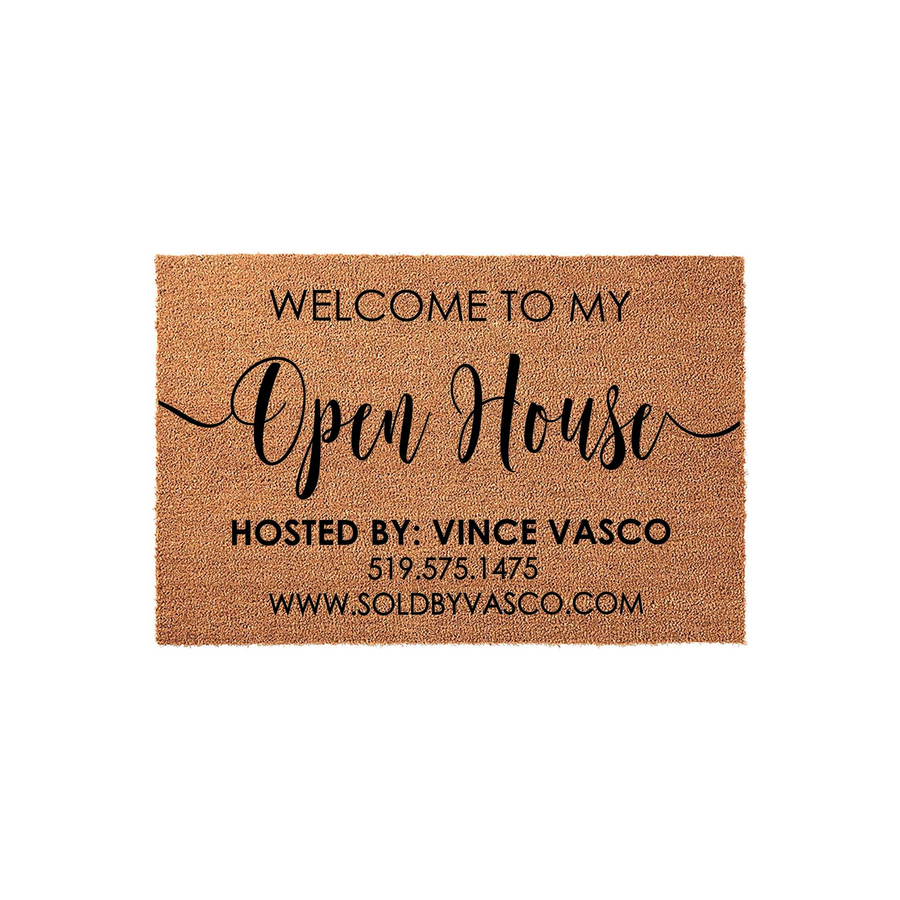 Custom Real Estate Open House Doormat made of natural coir fiber, featuring bold black text that reads Welcome to my Open House, hosted by a realtor with contact information and a website URL printed on a textured brown