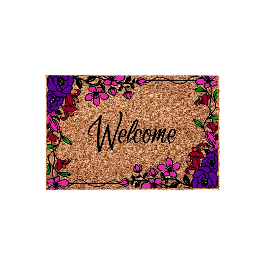 Floral Welcome Doormat featuring a natural coir texture with a vibrant border of purple and pink flowers, centered with elegant black script lettering that reads Welcome to greet guests at your front door with a colorful