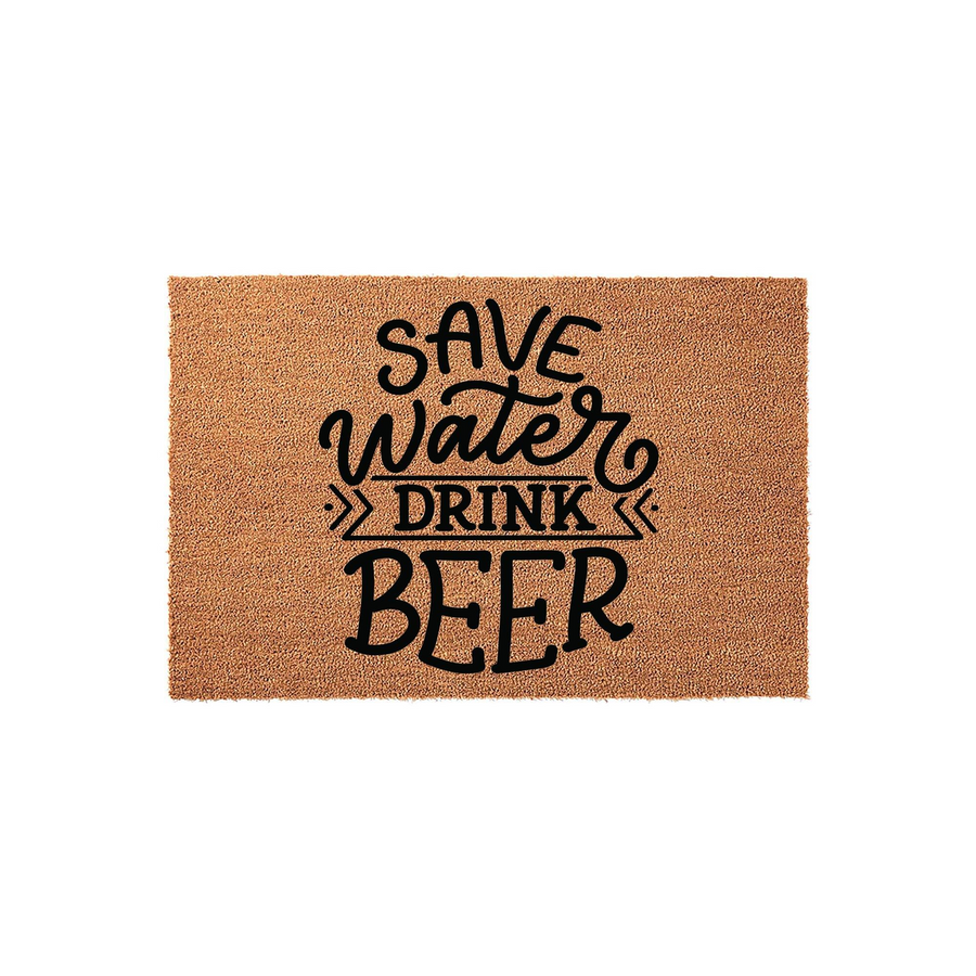 Save Water Drink Beer funny doormat made of natural coir fibers with a textured brown surface, featuring bold black typography that adds a humorous and welcoming touch to any front porch or entryway decor for beer lovers.