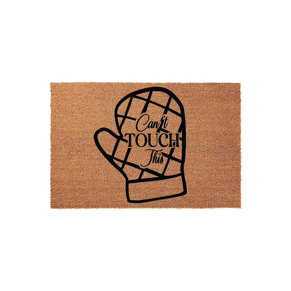 Funny Kitchen Oven Mitt Doormat featuring a natural coir texture and a bold black graphic of a quilted oven mitt with the playful text Can't TOUCH This printed in the center, perfect for adding a humorous touch to your home