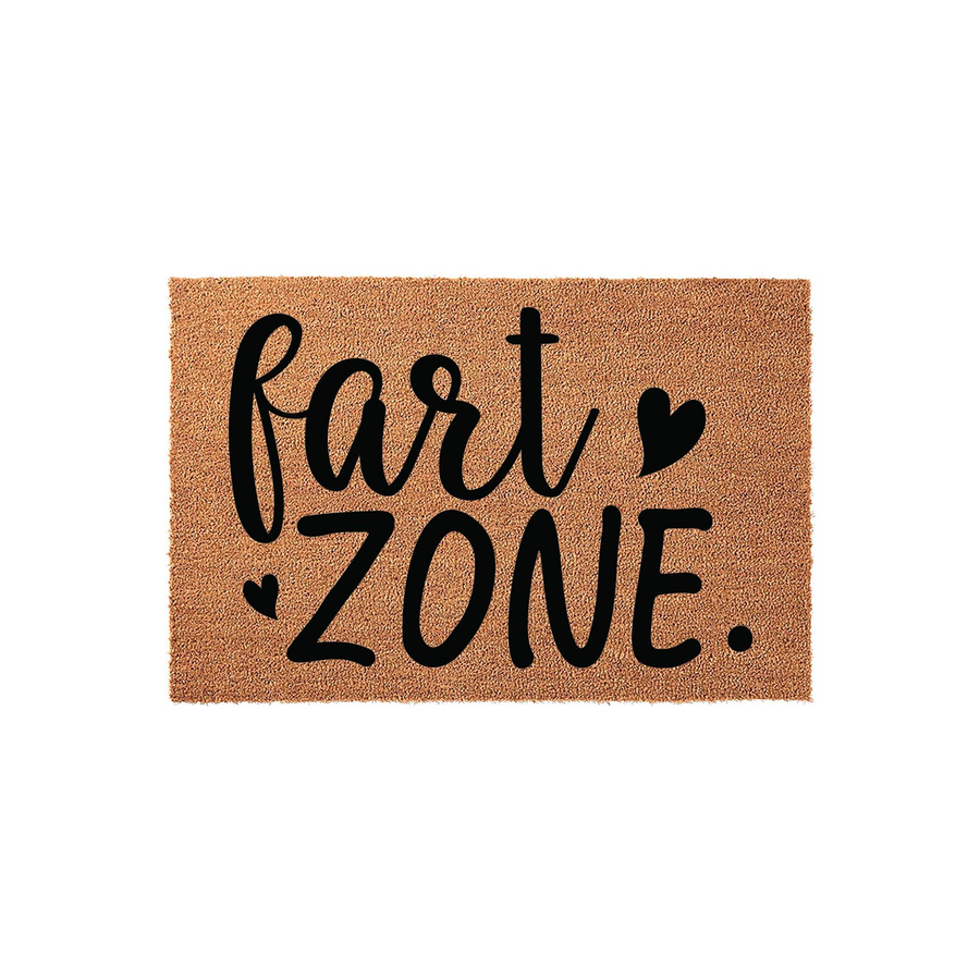 Funny Fart Zone coir doormat featuring bold black script and block lettering printed on a natural brown coconut fiber mat, creating a humorous and lighthearted welcome for any home entrance or front porch area.