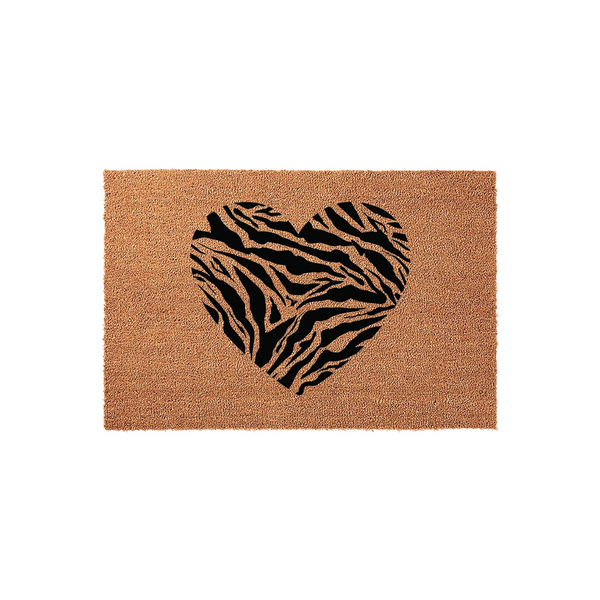 Animal print heart coir doormat featuring a bold black and natural tiger stripe pattern shaped like a heart, centered on a textured brown coconut fiber mat that adds a stylish and wild touch to your home entryway or front porch