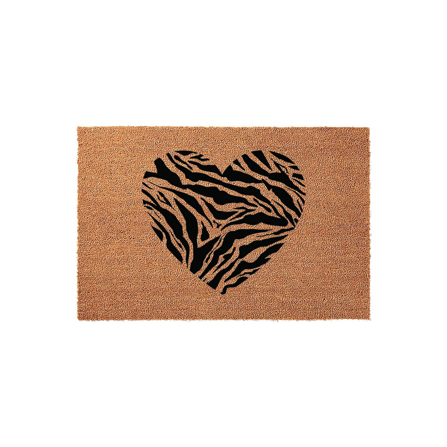 Animal print heart coir doormat featuring a bold black and natural tiger stripe pattern shaped like a heart, centered on a textured brown coconut fiber mat that adds a stylish and wild touch to your home entryway or front porch